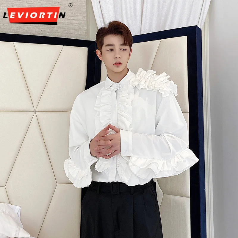 Men Shirt Ruffle Patchwork Solid Color Lapel Long Sleeve Men Clothing Streetwear Loose Korean Stylish Party Casual Shirts