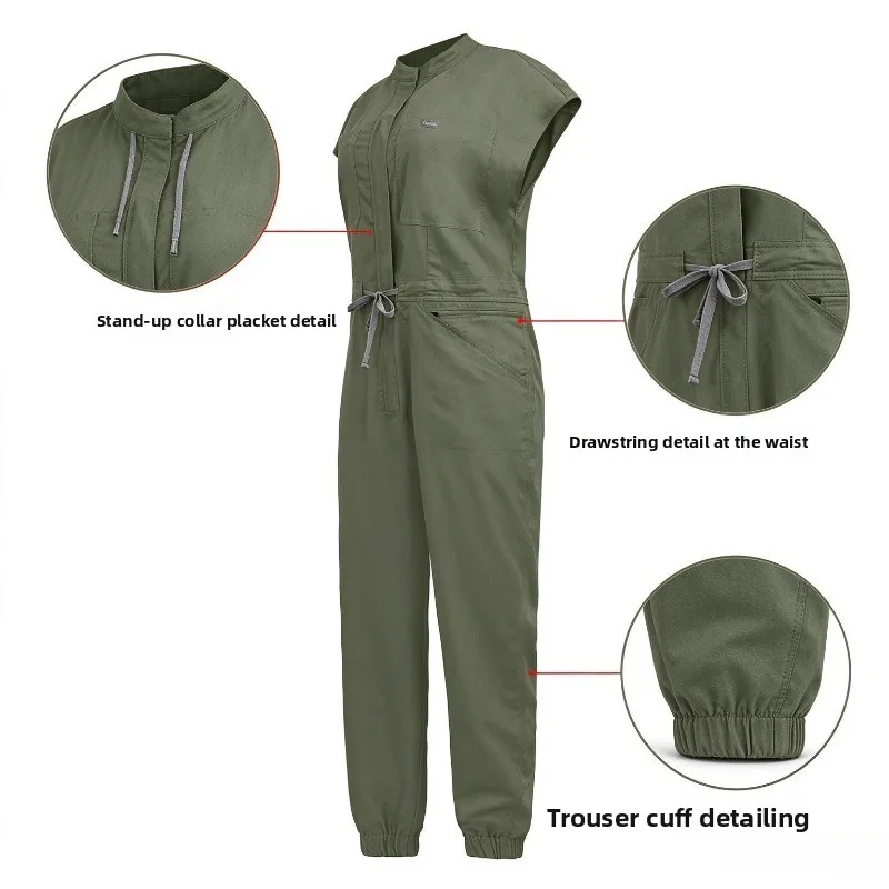 Women Sleeveless Jumpsuit Stand Collar Drawstring Waist Cargo Rompers with Pockets for Daily Outdoor Wear