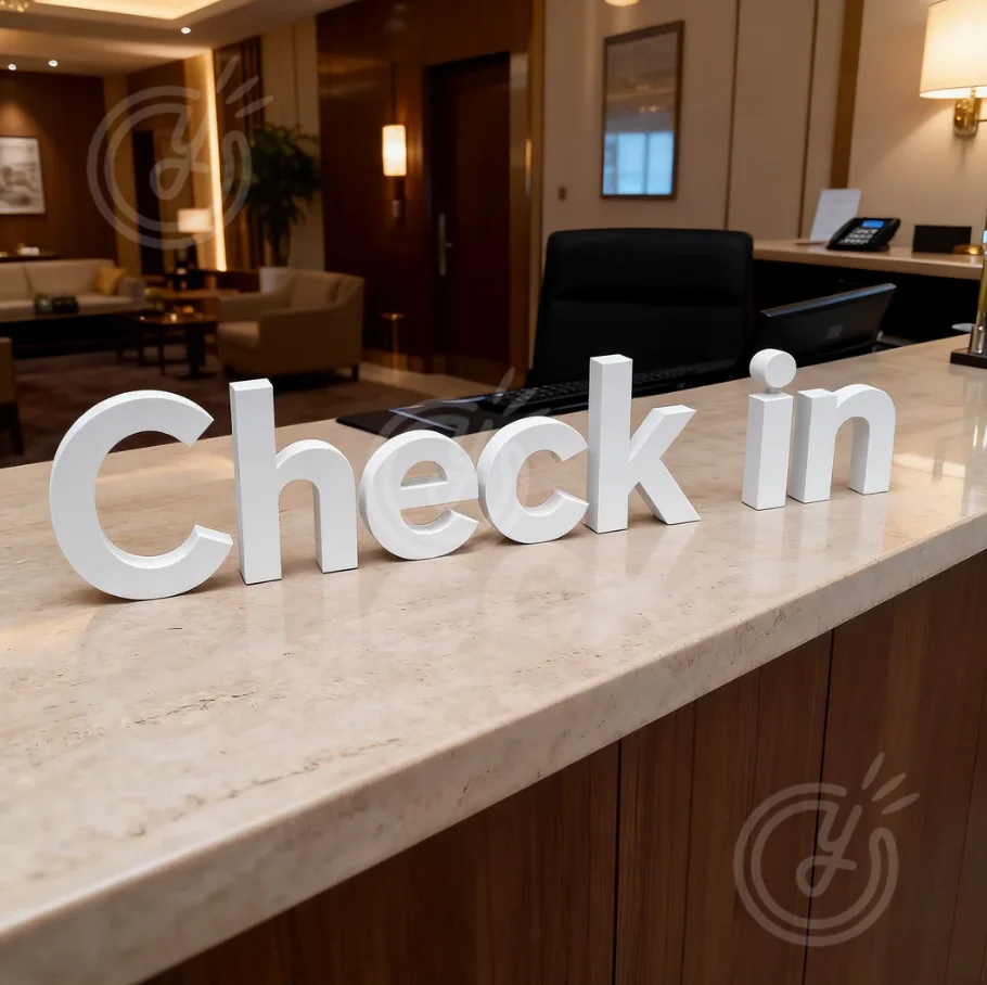 

Custom 3D Pvc Wall Decoration Logo Lettering Unique Design Personalized Customizable Acrylic Letter Signage Hotel Check-in Sign