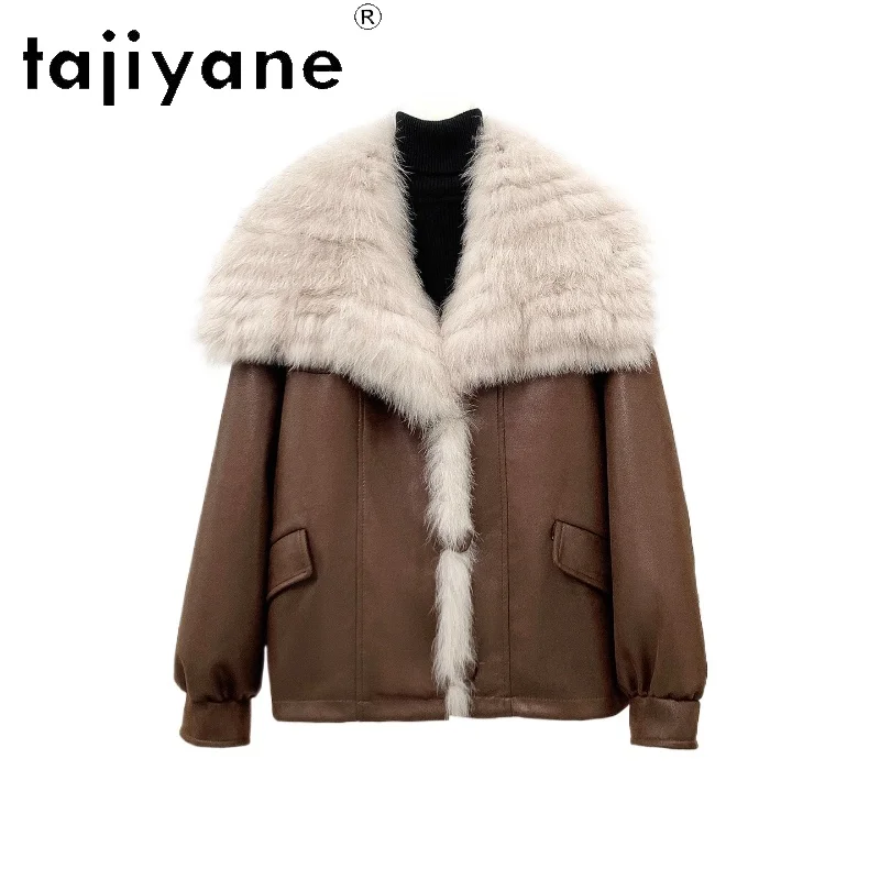 TAJIYANE أوزة أسفل معاطف النساء شيك الثعلب الفراء طوق سترات من جلد الغزال قسط الإناث ملابس خارجية الشتاء ملابس امرأة 2025 ropa mujer