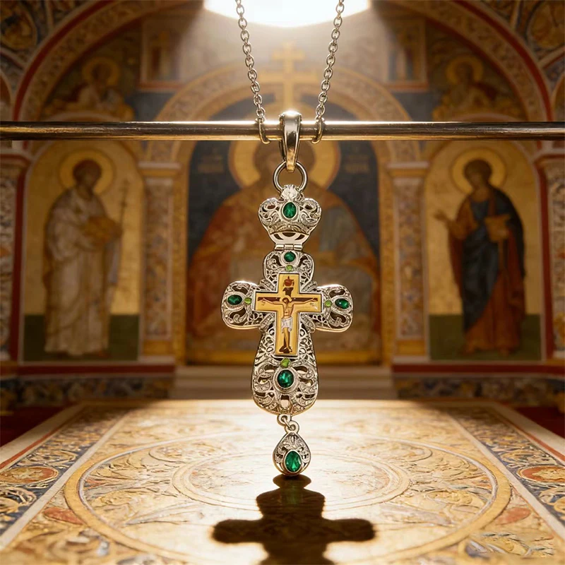 Neue 2026 Premium Zweifarbige Orthodoxe Kreuzkette mit Grünen Kristalldetails und Filigran-Verarbeitung für den täglichen spirituellen Gebrauch – Detail 15