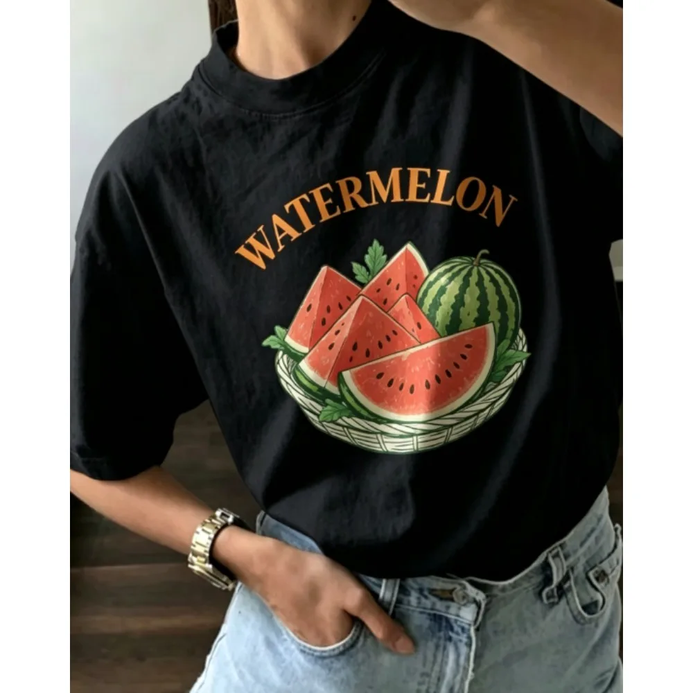 Women Vintage Watermelon Basket Print T‑Shirt Casual Loose Crew Neck Short Sleeve Fruit Aesthetic Summer Tee Tops