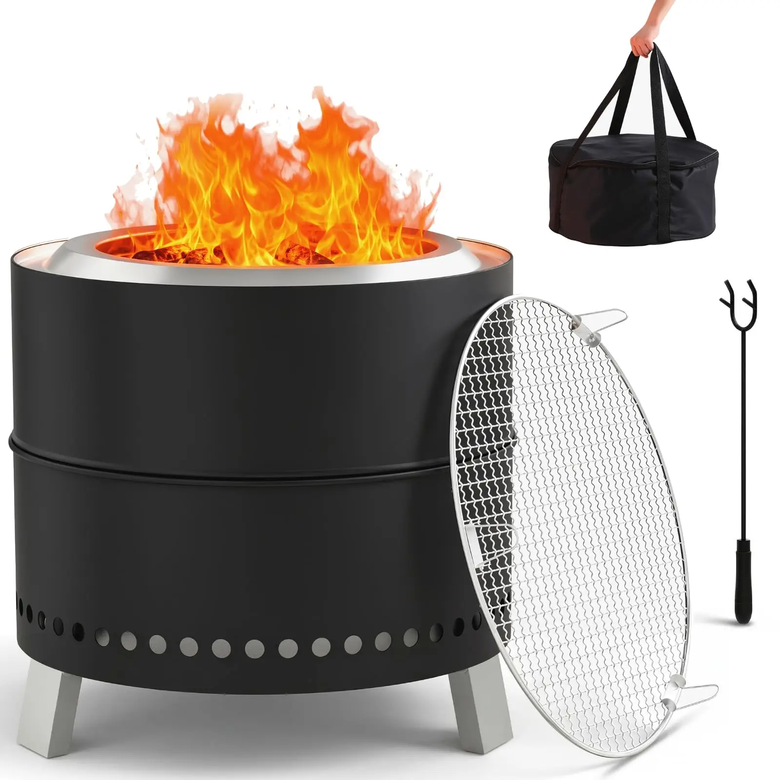 50cm Smokeless Stainless Steel Fire Pit Portable Outdoor Fire Basket with Grill Grate, Poker, Carrying Bag, 3 Folding Legs,Bowls