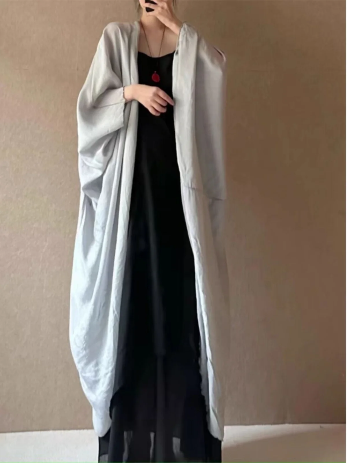 ملابس خارجية للنساء من Retro Zen Batwing Sve للحماية من الشمس أوائل الخريف، سترة صوفية طويلة فضفاضة ذات ملمس مفتوح