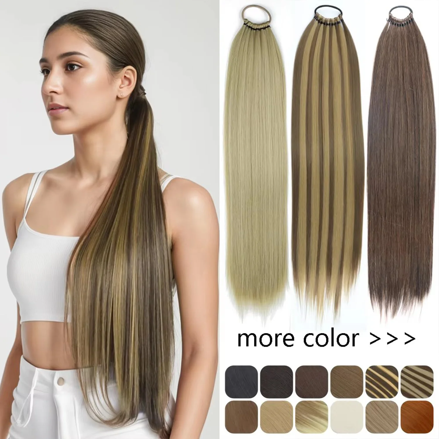 

Synthetic Straight Ponytail Extensions Rubber Band Hair Braided Pony Tail Hairpiece 24Inch Black Blonde Brown Hairstyle ForWomem