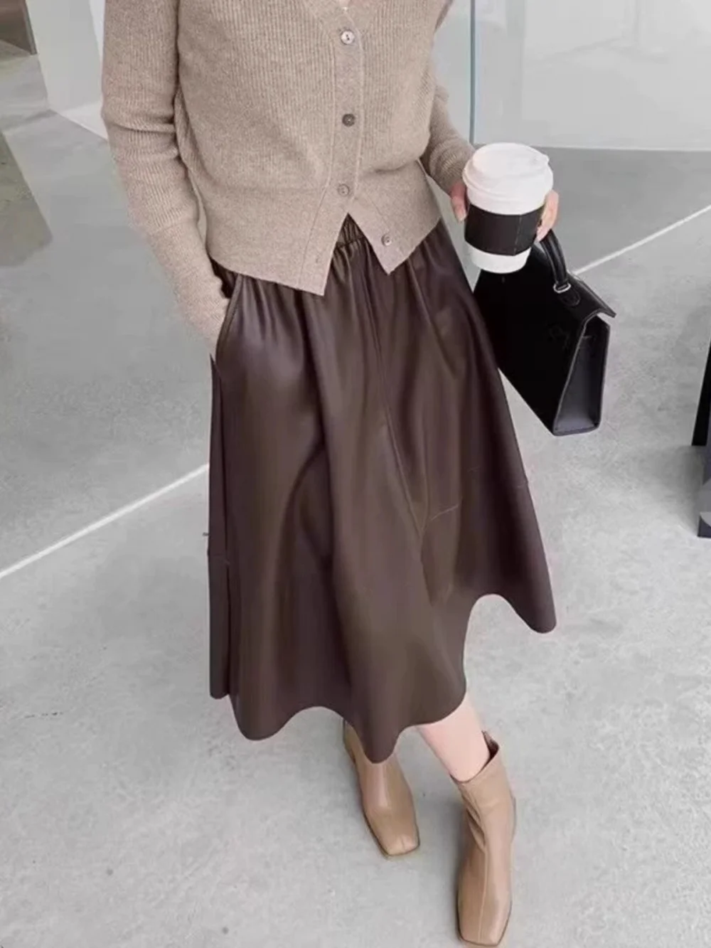 

eepskin Leather Skirt High Waist Slimming Mid-Length A-Line f-Body Umbrella Skirt for Women Versatile Commute Sle