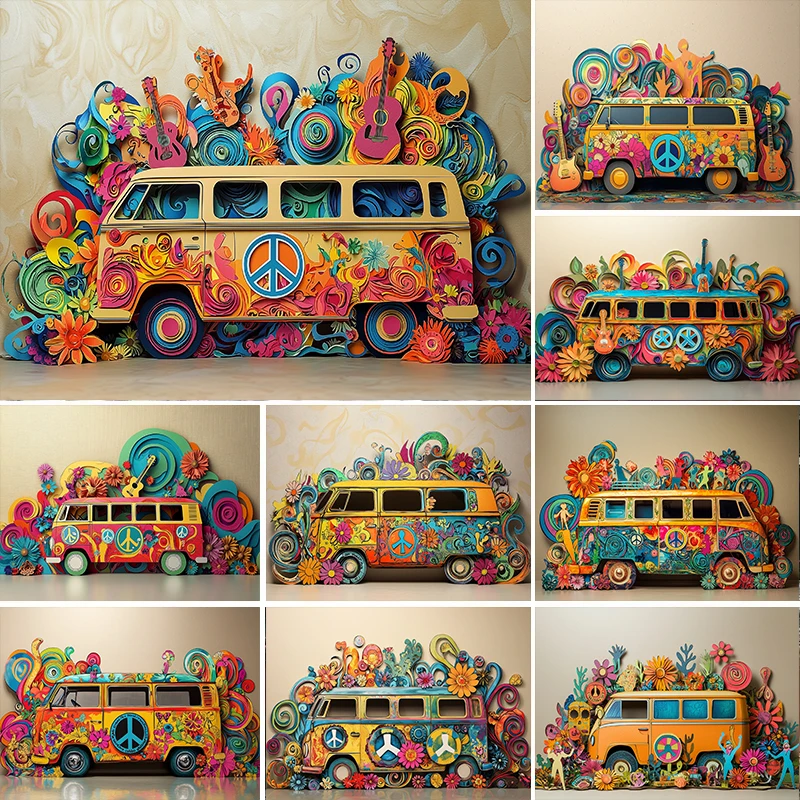 

LS Photography Background Sunshine Bus Music Hip Hop Birthday Party Decoration Props Kids Portrait Photo Backdrop Studio