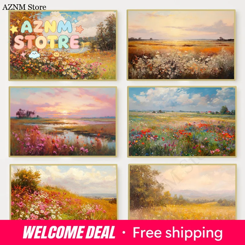 Wildflower Field Landscape Poster Vintage Rustic Moody Autumn Country Scenery Canvas Painting Wall Art for Room Home Decor