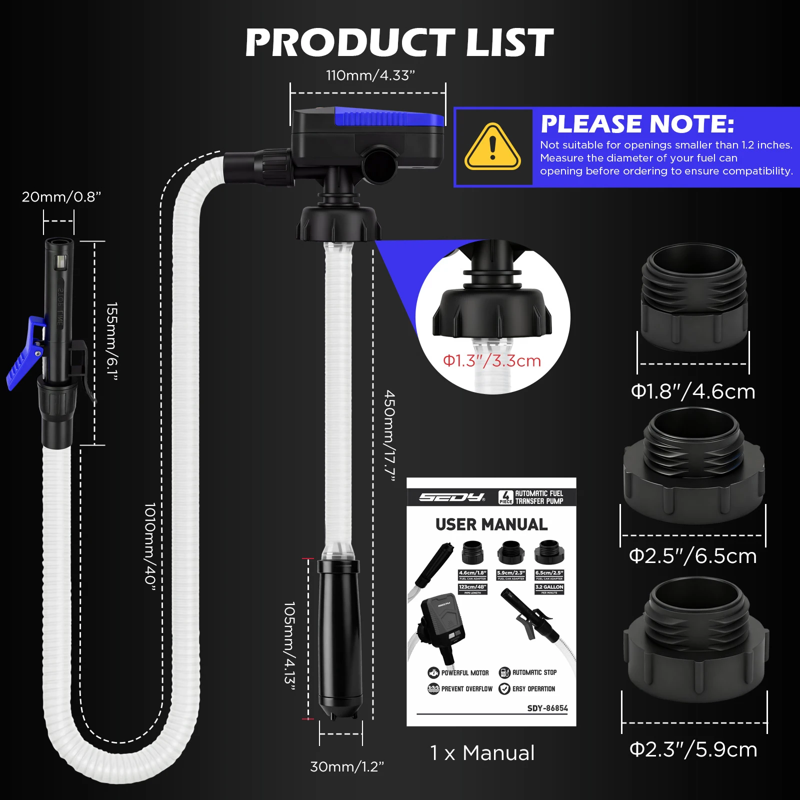 SEDY Upgraded Automatic Fuel Transfer Pump 3.2GPM Auto‑Stop Sensor Battery Operated with 3 Can Adapters