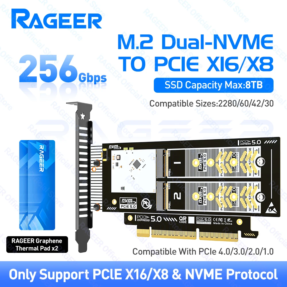 RAGEER PCIe 5.0 naar Dual M.2 NVMe X16/X8 Adapter Uitbreiding Riser Card 256Gbps Kaartsleuf voor 2280/60/42/30 SSD's Zachte RAID-ondersteuning