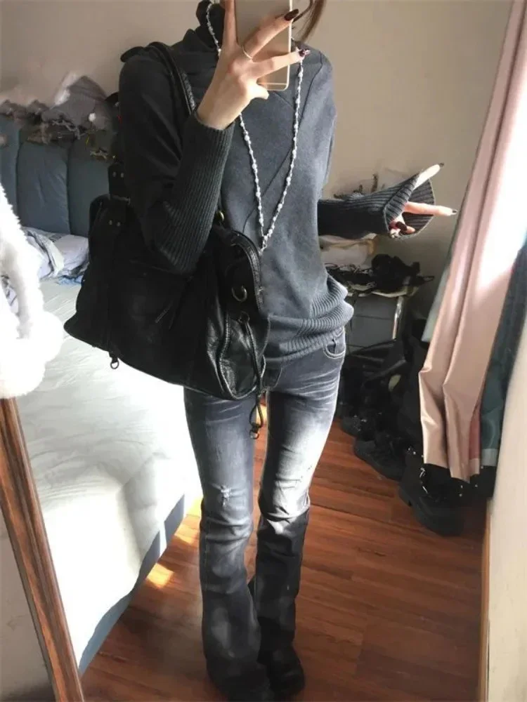 秋のレイジースタイル グレー ニットプルオーバー カジュアル Y2K サブカルチャー レディース服 ヴィンテージ ルーズセーター レディース ジャンパー ニットウェア