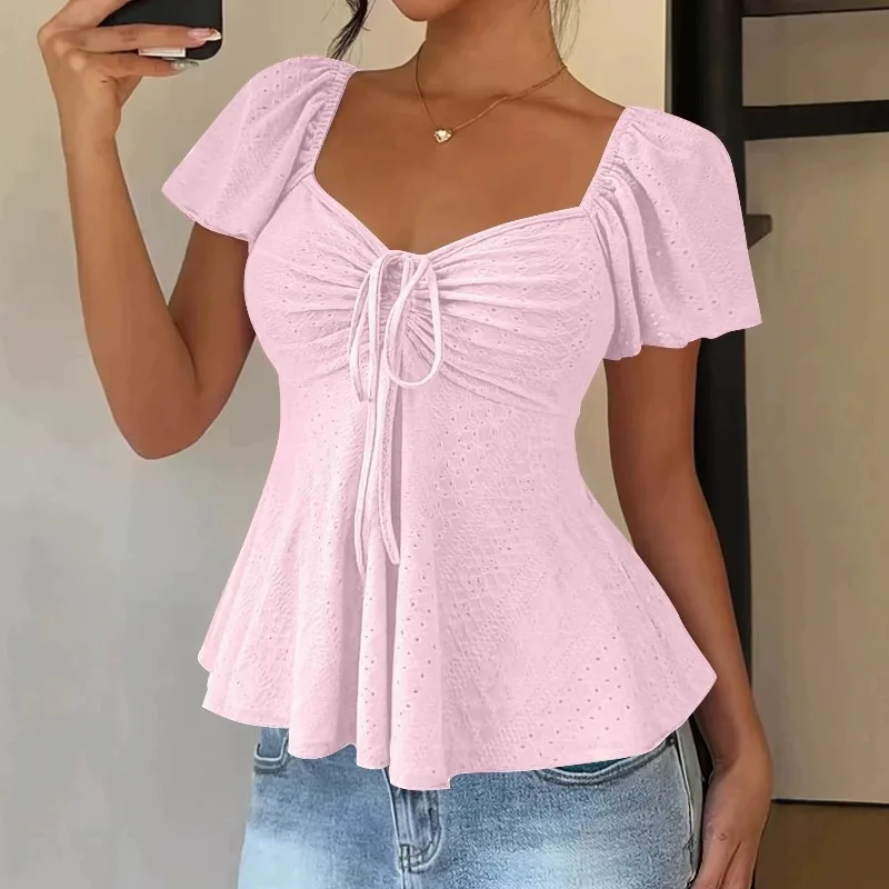 Summer 2026 New V-Neck Drawstring Bundle Sexy Short Sleeve Solid Color T-Shirt Women's Clothing  Women Clothes Vintage