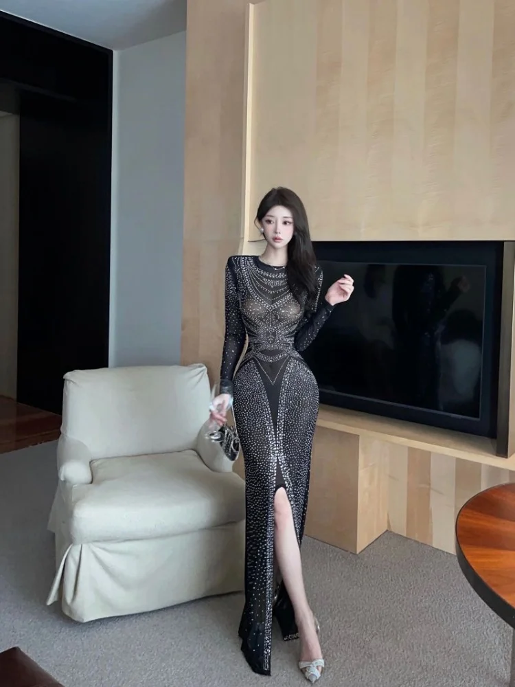 SMTHMA Sexy Dress For Women Rhinestone Decor Elegant Fashion High Slit O-Neck Long Sleeve Maxi Skinny Female Party Dress