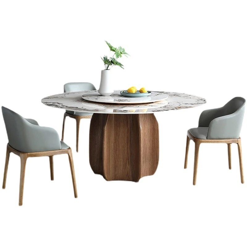 

Modern simple solid wood Deli Feng rock slab dining round home high-end feeling with turntable restaurant dining table chairs
