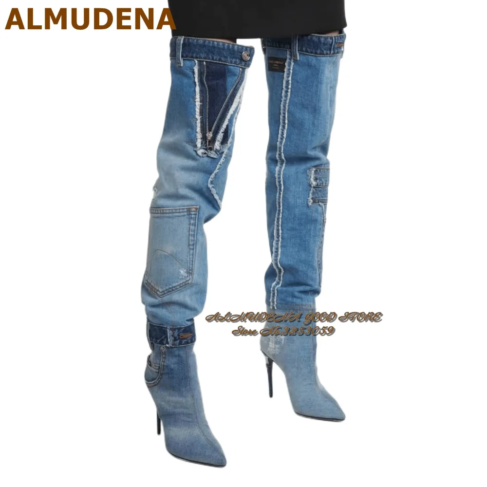 

ALMUDENA Blue Denim Jeans Stylish Over-the-knee Boots Stiletto Heels Pointed Toe Thigh High Boots Retro Style Belt Pocket Boots