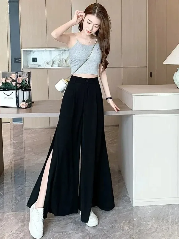 Summer Thin New Style Elegant Slit Drape Design Wide Leg Pants Women Casual Pants Long Slimming Versatile Trousers