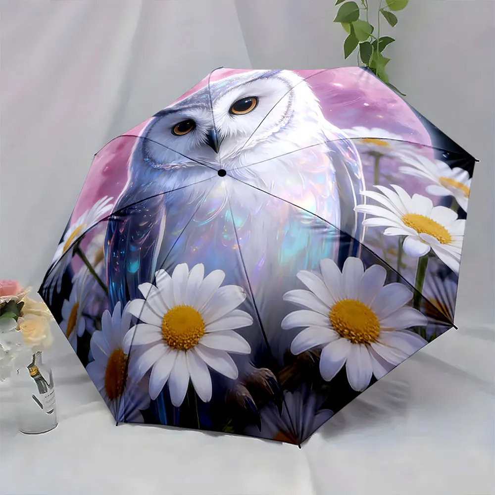1PC Enchanted Owl and Daisies: Umbrella Design Print 8 Iron Ribs Folding Umbrella Auto-Open Fashion Sunshade