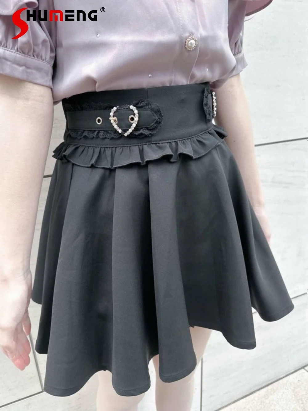 

Japanese Mine Preppy Style High Waist Heart-Shaped Buckle Lace Splicing Sweet A-line Pleated Short pantskirt Skirts Women Summer
