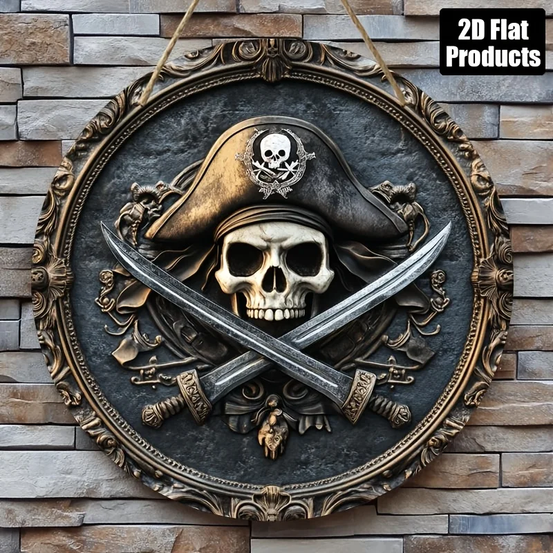 2D Flat, 1pc, Round Wooden Board Decorative Painting Sign Plaque, Pirate Skull Theme Suitable for Bar, Kitchen, Cafe, Family Roo