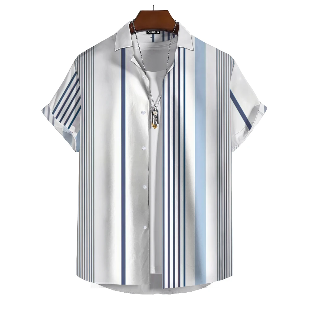 Summer Fashion Men\'s Printed Short Sleeve Shirt Stripe Print Street Daily Casual Men\'s Shirt Oversized Tops Size S-5XL