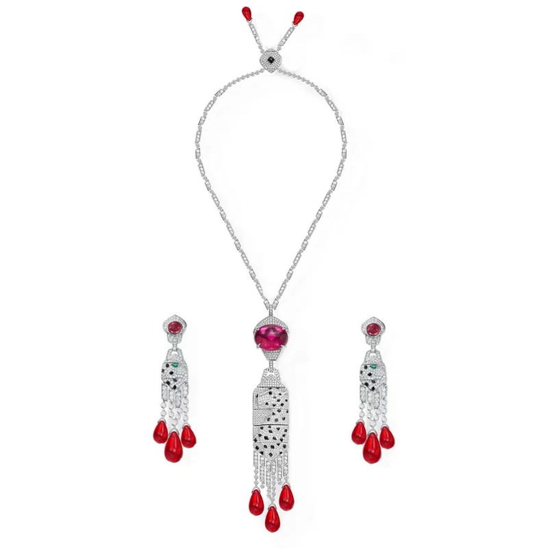 Designer Collection Style Earrings Necklace Inlay Cubic Zircon Synthetic Ruby Black Patchs Tassels Leopard Panther Jewelry Sets