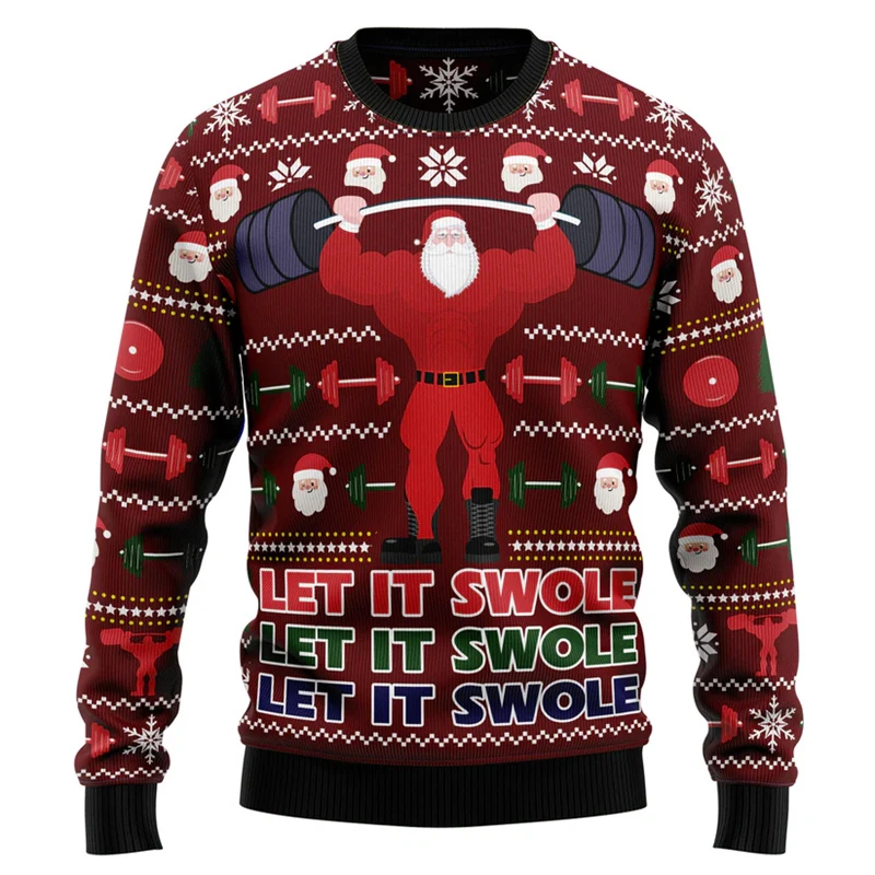 Cartoon Muscle Santa Claus Ugly Christmas Sweater Cute 3D Printed Sweatshirts New Year Festival Merry Christmas Hoodies Men Tops