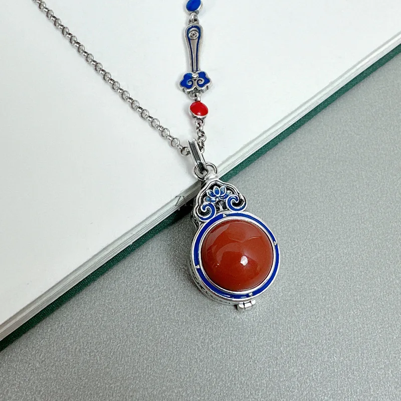 *Langyan Anhänger aus 925er-Sterlingsilber, südroter Achat, Kürbisform, ethnischer Vintage-Stil, Emaille-Anhänger, Schmuck für Frauen, kann ausgeben werden