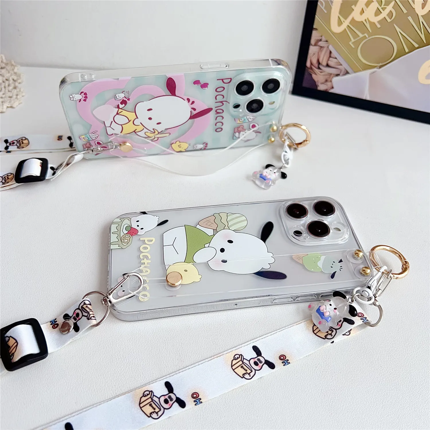 For Samsung Galaxy Note 8 9 10 20 Ultra Plus A04E A05 A15 A05s A25 A35 A55 Xcover7 Pochacco Case Wrist Strap Ornament