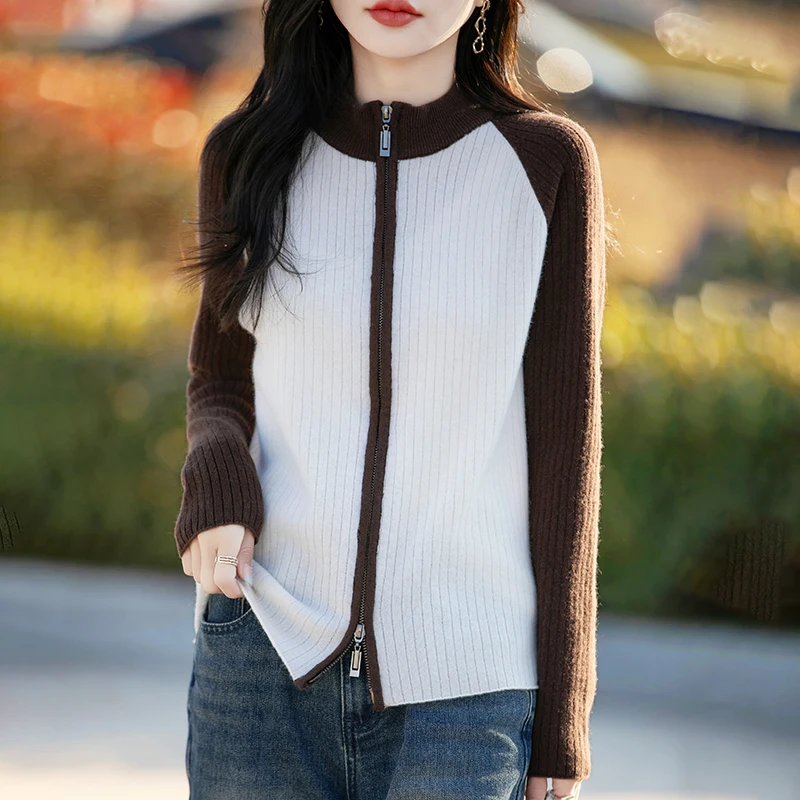 

100%Merino Wool Double Zipper Cardigan Women's Round Neck Color Matching Coat Fashion Loose Short Jacket Autumn Joker Base Shirt