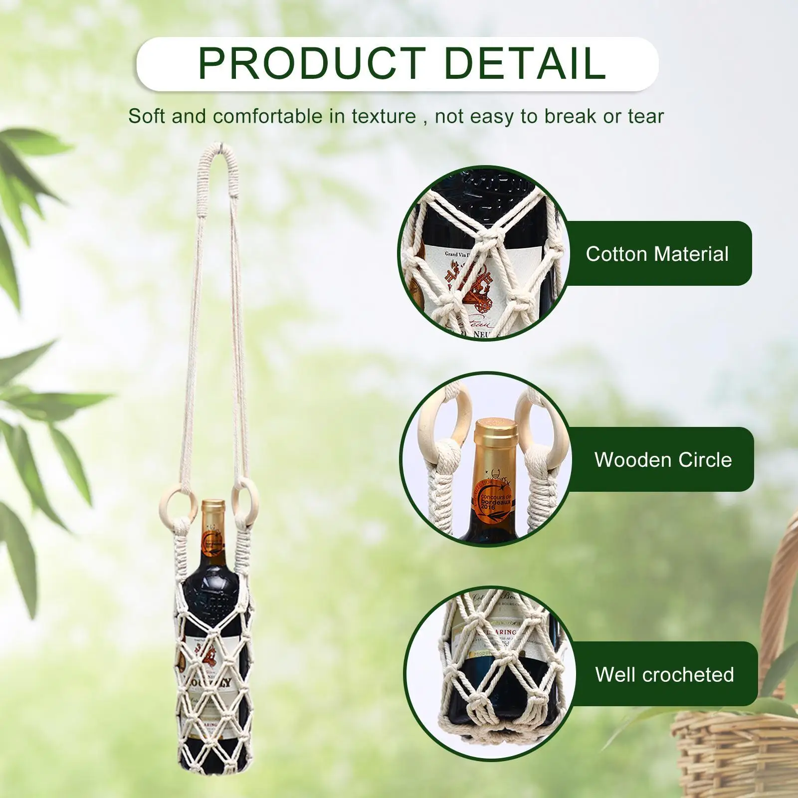 Cotton Water Bottle Carrier Portable Crochet Weave Net Pocket Bag Handmade Hanging Basket Tote Bag for Hiking Cycling Fitness