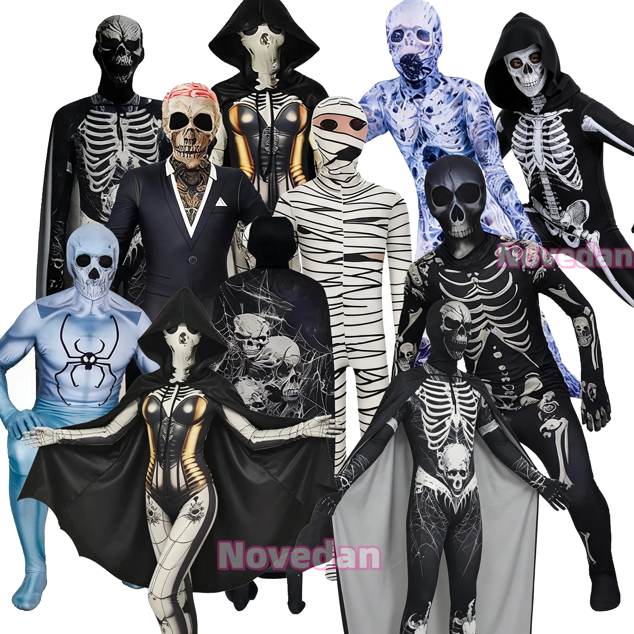 Skelett-Kostüm für Erwachsene und Kinder Gruseliges Halloween-Kostüm Cosplay-Overall mit Maske Kapuzenumhang Damen Herren Bodysuit Einteiler Tag der Toten
