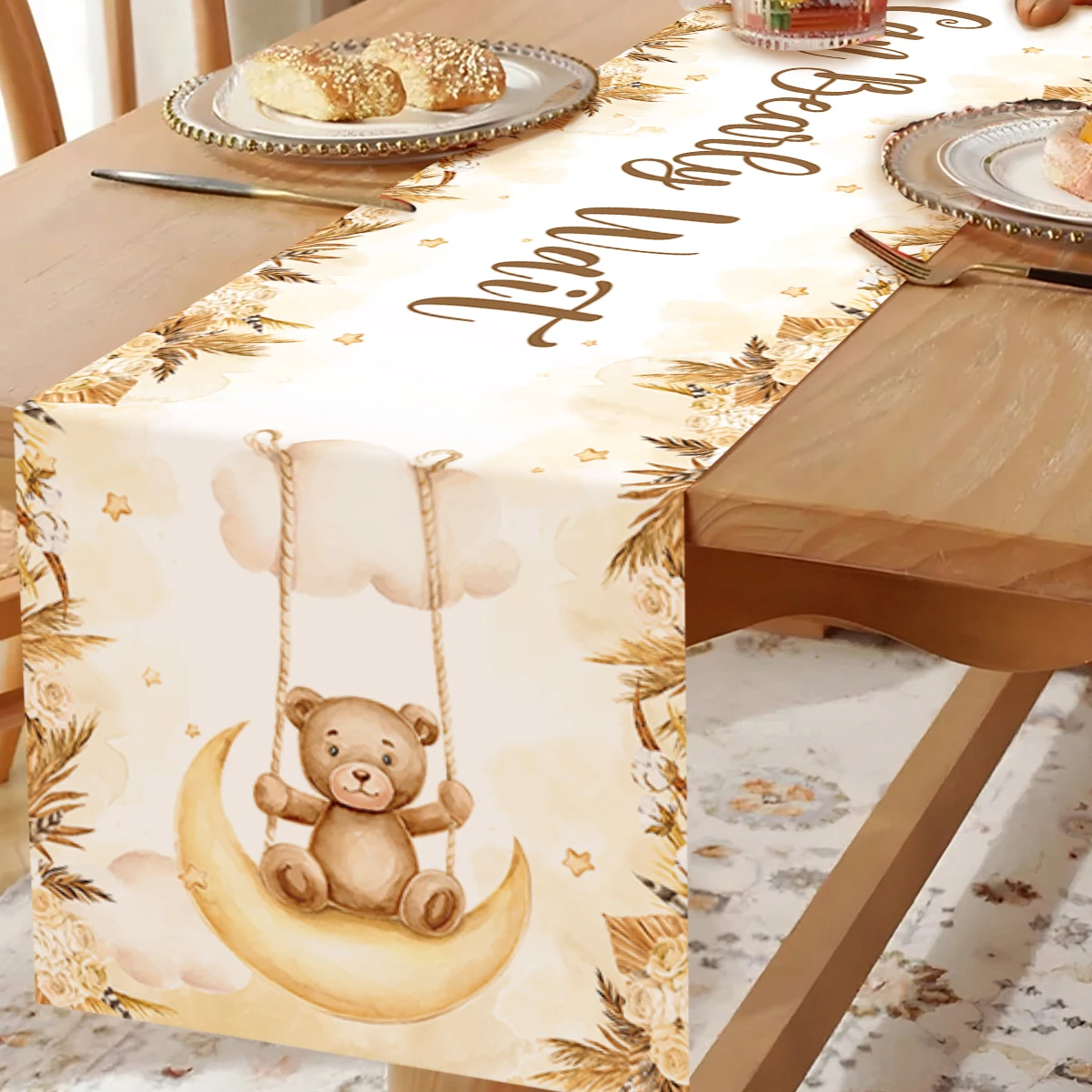 180x35cm Cartoon Bear Pattern Table Runner Boy Girl 1st Birthday Decoration Teddy Bear Table Flag Baby Shower Table Decoration