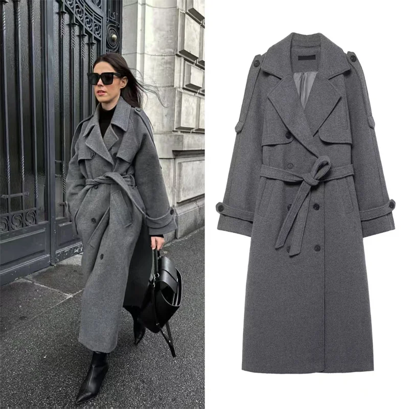 

Women's Wool Coat New Gray Mid-Length Style with Belted Double-Breasted Design Elegant and Fashionable for Autumn and Winter