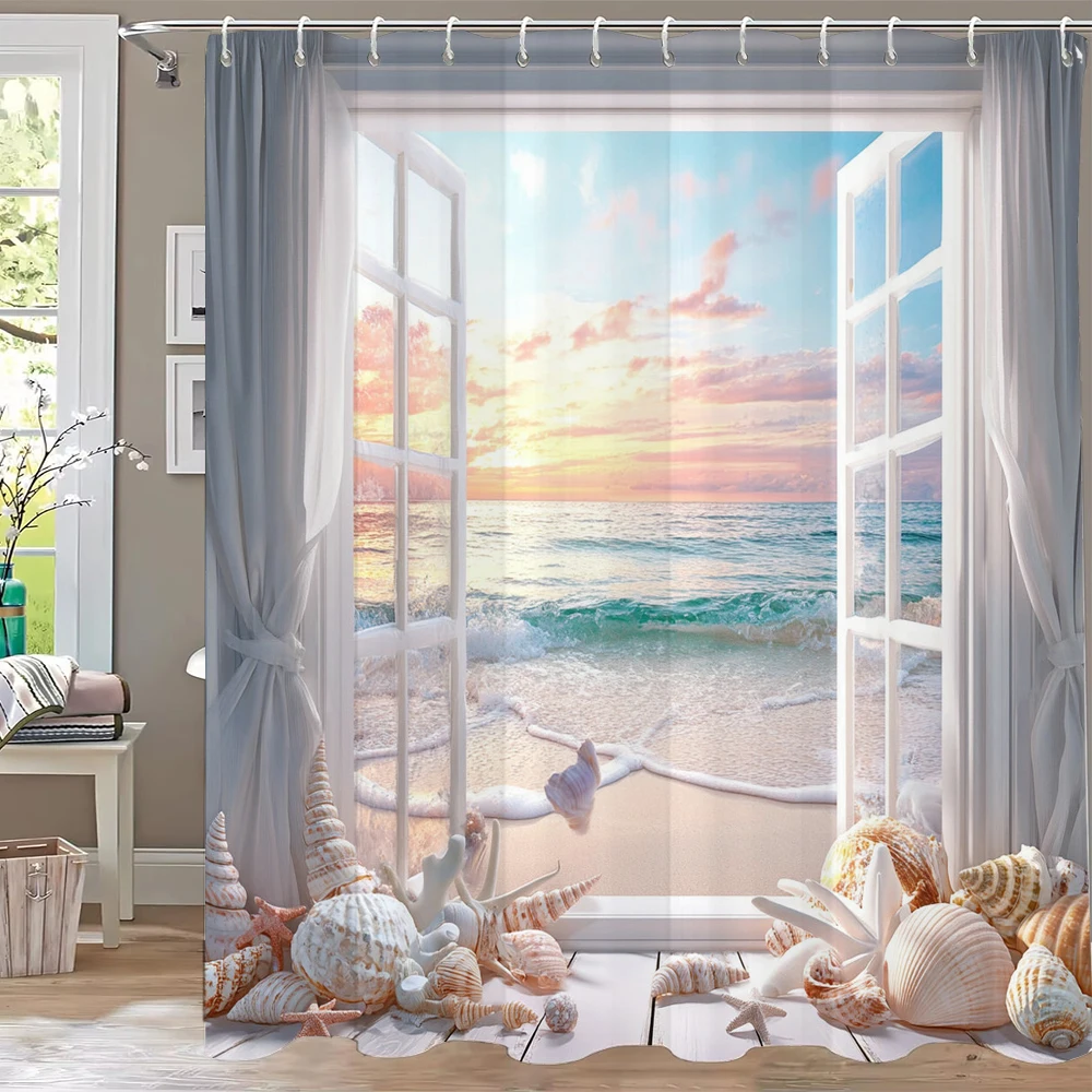 1pc Ocean Beach Shell Wooden Door Seaside Scenery Print Waterproof Shower Curtain Partition Privacy Hanging Curtain with Hooks