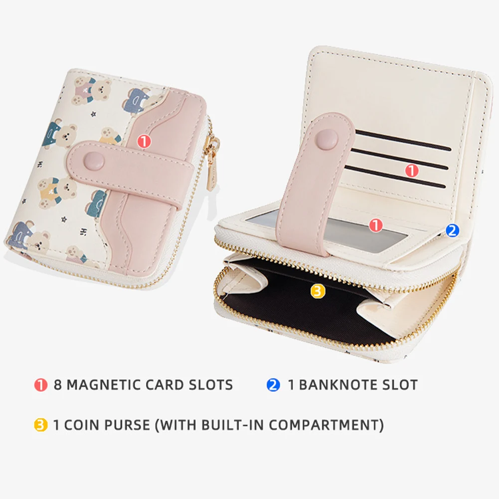 محفظة قصيرة على شكل دب لطيف مع إبزيم لحامل بطاقات الائتمان ومحفظة رفيعة للعملات المعدنية للنساء والفتيات