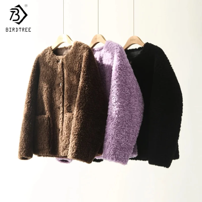 

BirdTree, короткое флисовое пальто из 100% овечьей шерсти, женские однобортные топы с круглым вырезом, теплое пальто, осень-зима 2025 T5O520JF