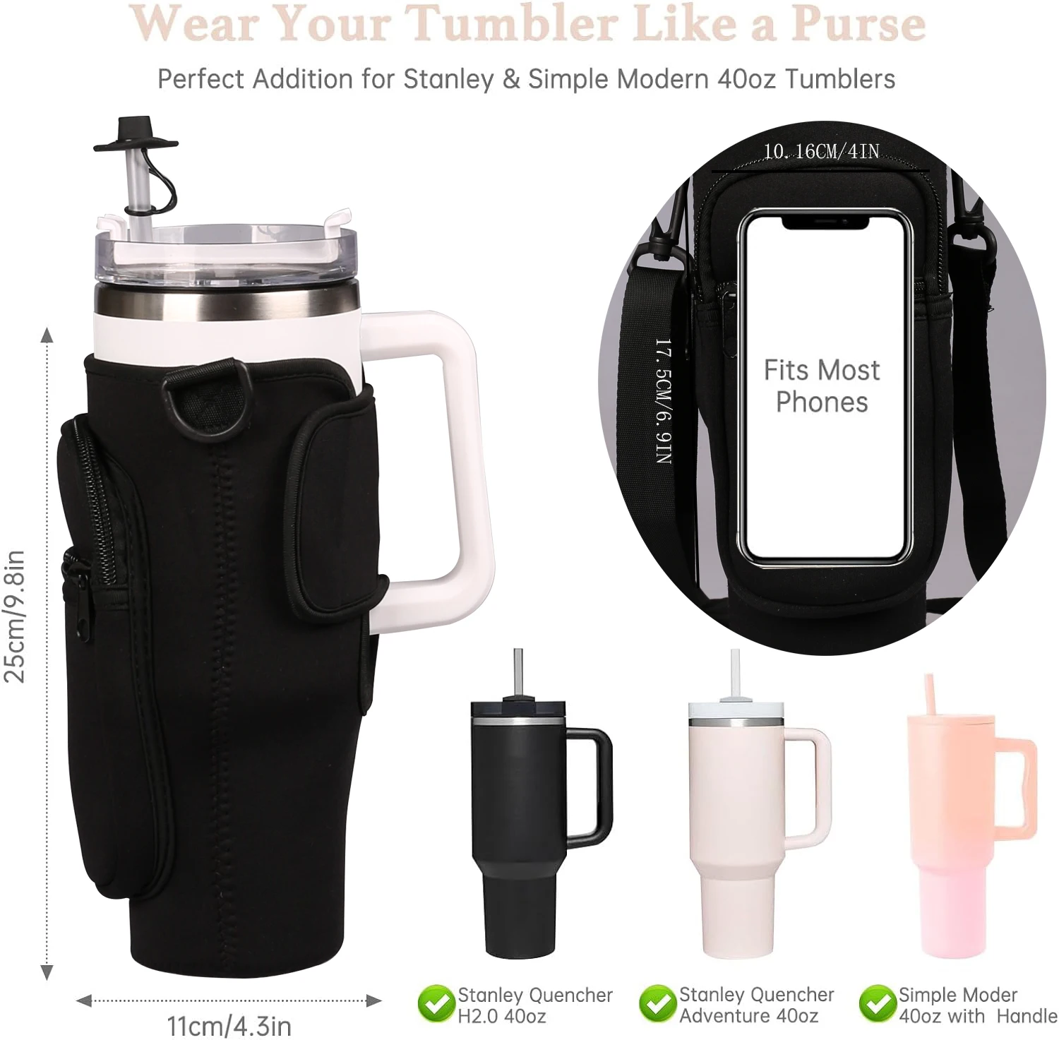 TY Water Bottle Carrier Bag with Adjustable Strap and Straw Cover for 40oz Tumbler with Handle,Cup Accessories