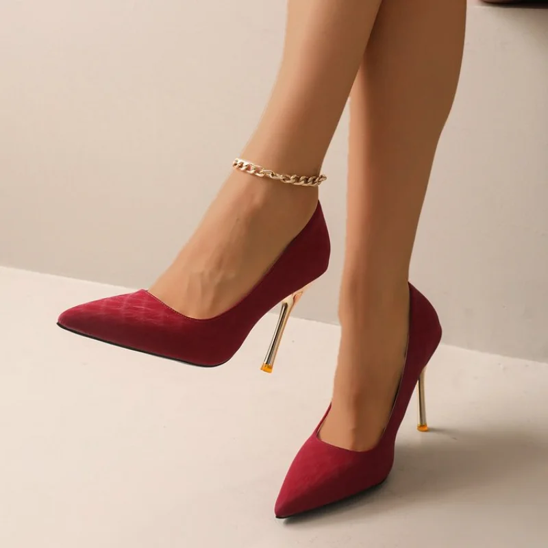 Women Pointed Toe Thin Heel Shallow Pumps, Slip On Metallic Stiletto Dress High Heels, Fall Wedding Party Office Ladies Shoes