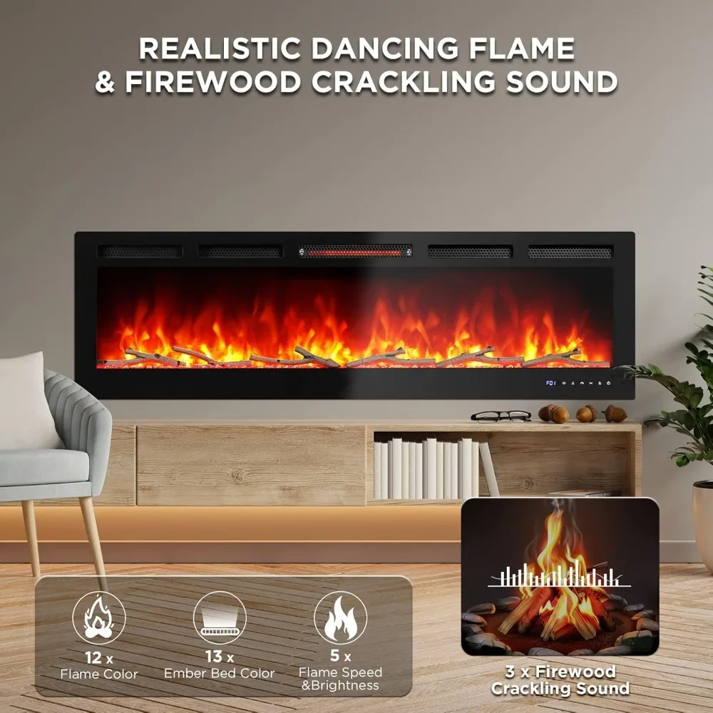 Smart Electric Fireplace with Remote Control & Alexa/WiFi, 60 Inch Wall Mount/in Wall Recessed Insert Black Electric Fireplace.