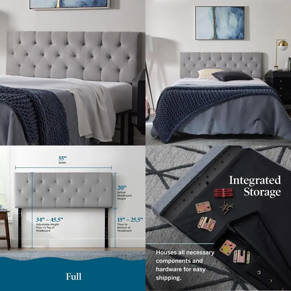 Adjustable Height Diamond Tufted Padded Polyester Mid-Rise Upholstered Headboard - 34 to 46 Inches - Easy Assembly