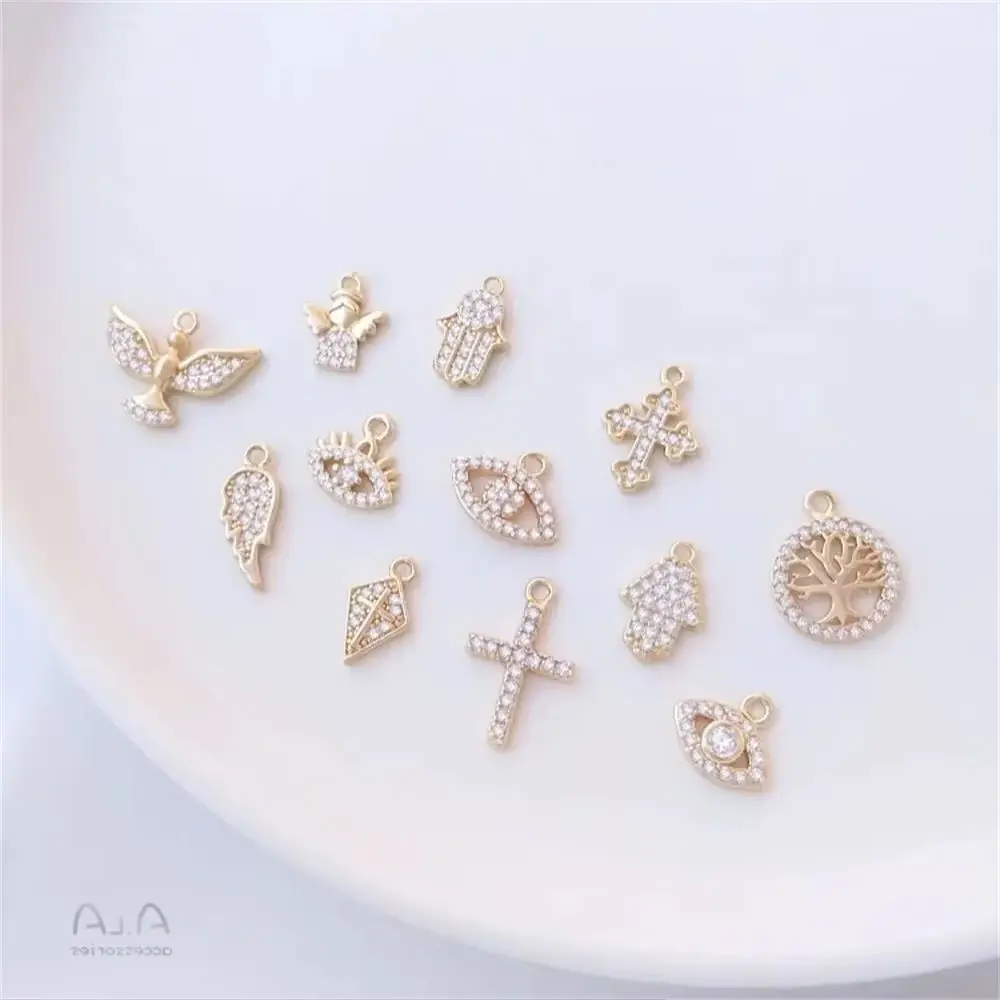 

Micro Set Zircon Small Charm Series 14K Gold Solid Angel Eye Palm Cross Wing Ornament Charms Pendant K463