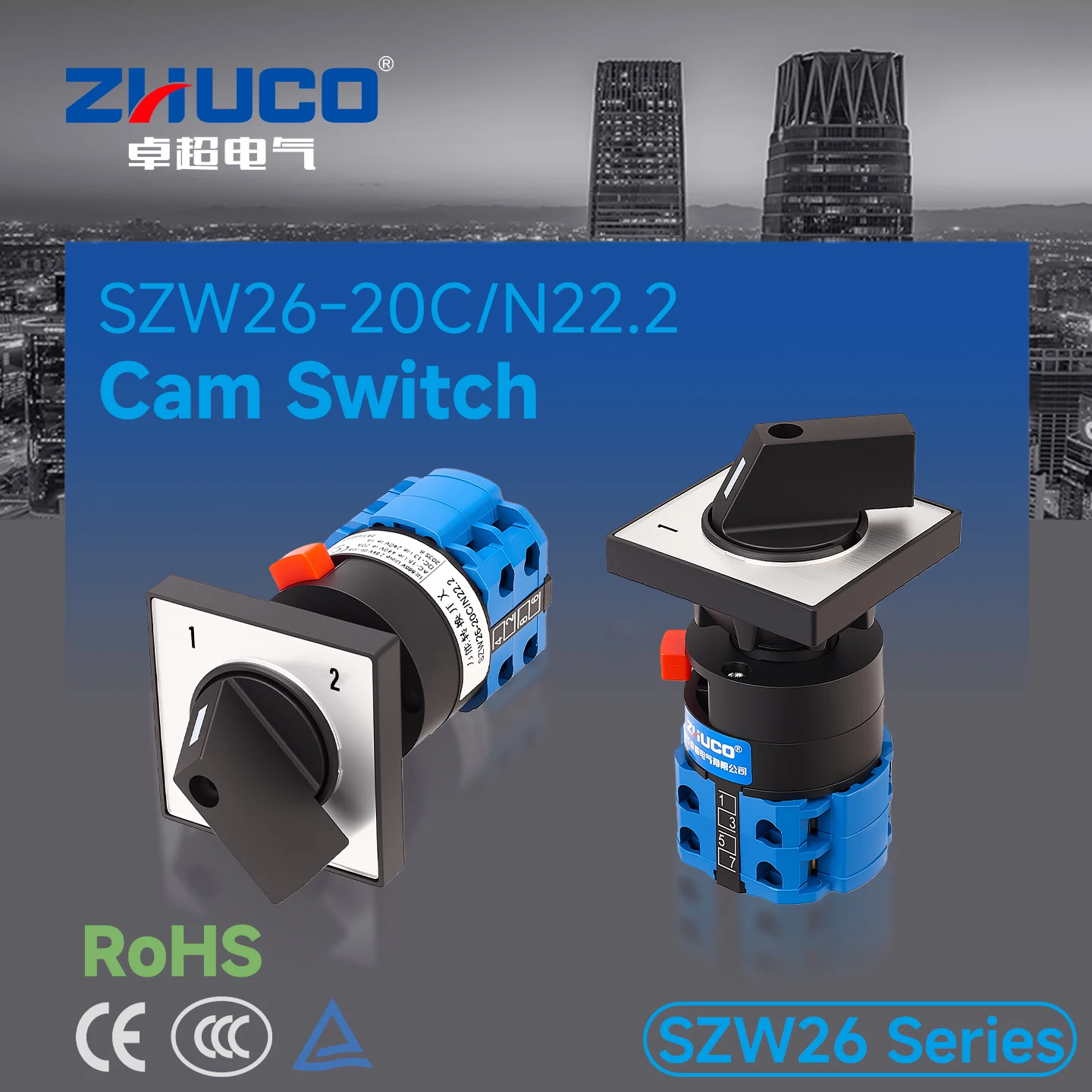 Commutateur rotatif de positionnement Szw26-20C/N22.2 1-2 panneaux 2 positions 2 pôles à montage monotrou