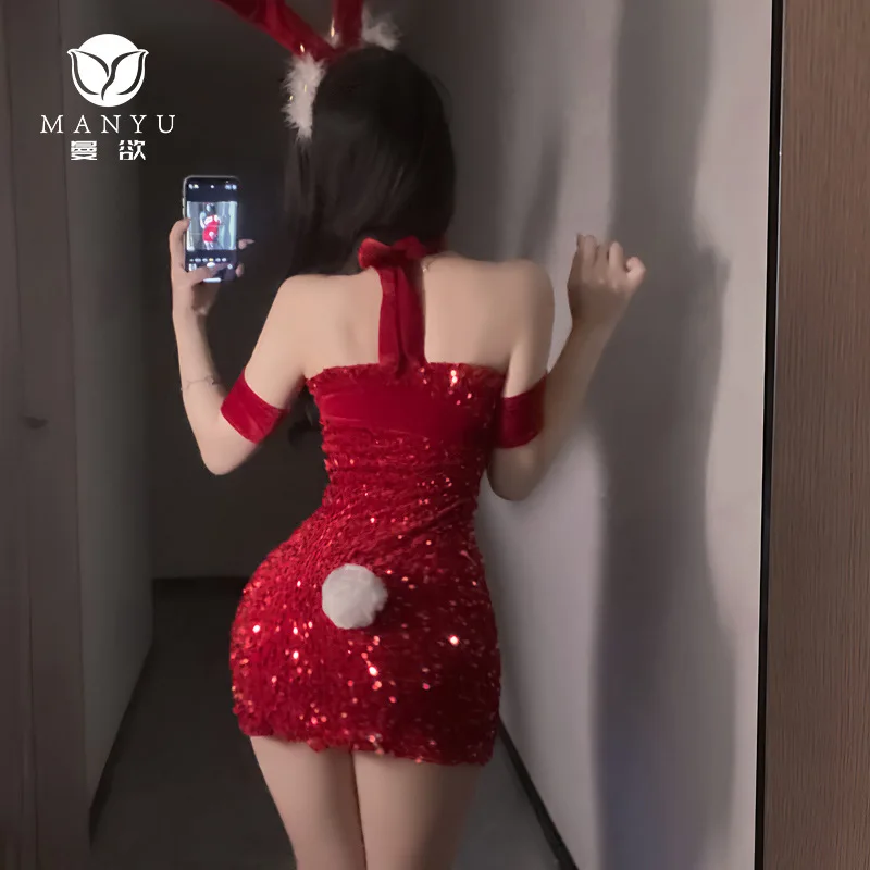 رجل جديد يريد الملابس الداخلية المثيرة المثيرة المخملية الترتر عيد الميلاد الأرنب المثيرة الملابس الداخلية منامة إغراء يمكن ارتداؤها خارج 9343 #4