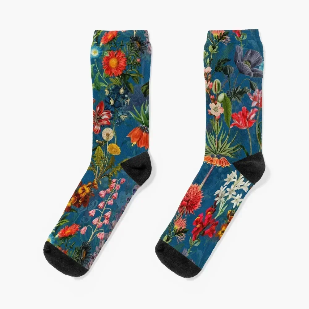 Vintage Blue Springflower Meadow Night Socks retro luxury Stockings man Stockings compression Man Socks Women's