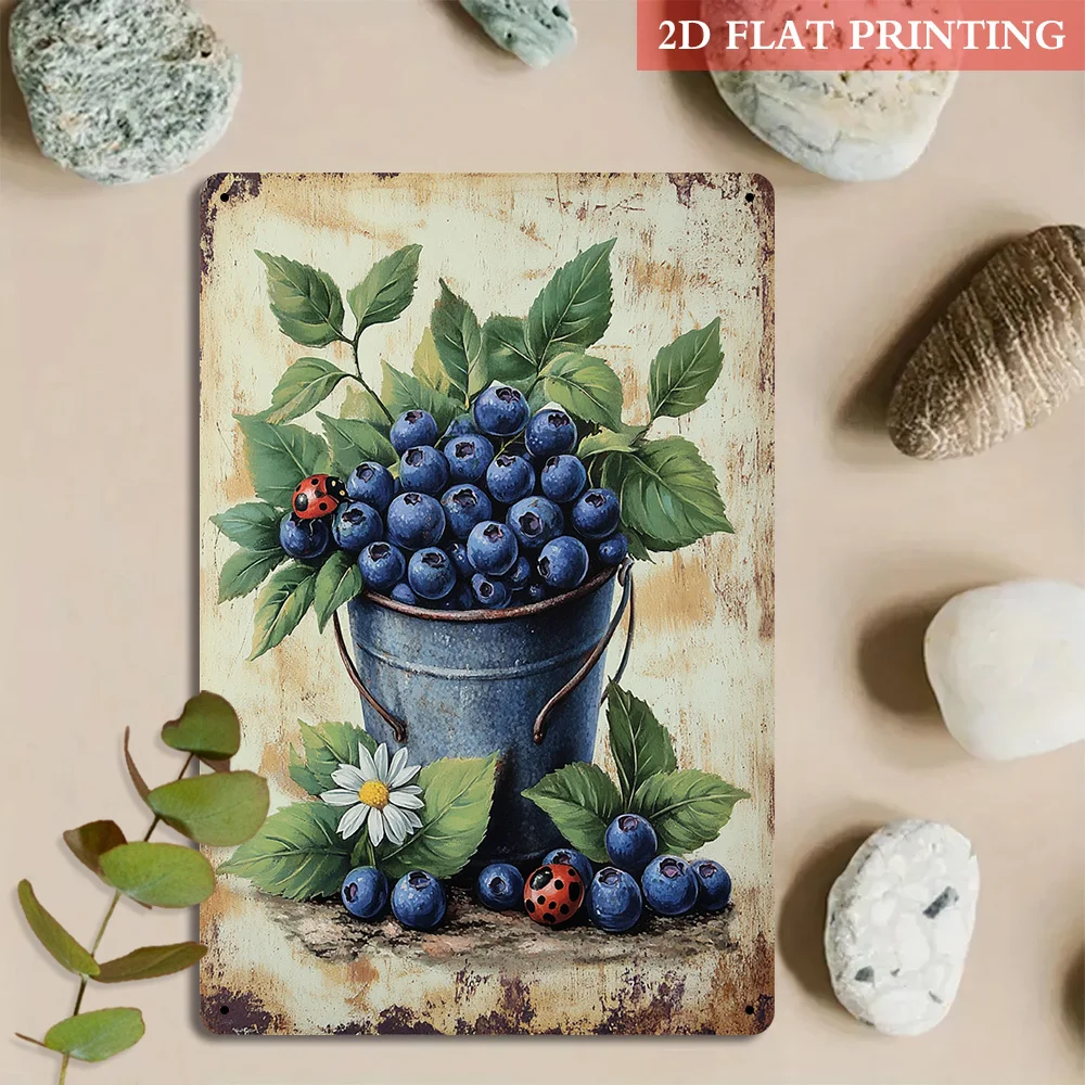 2D Flat Decorative Sign & Plaque 2D Flat 1pc, Blueberry & Ladybug Iron Metal Decorative Sign, 7.87X11.81 inch Vintage Aesthet