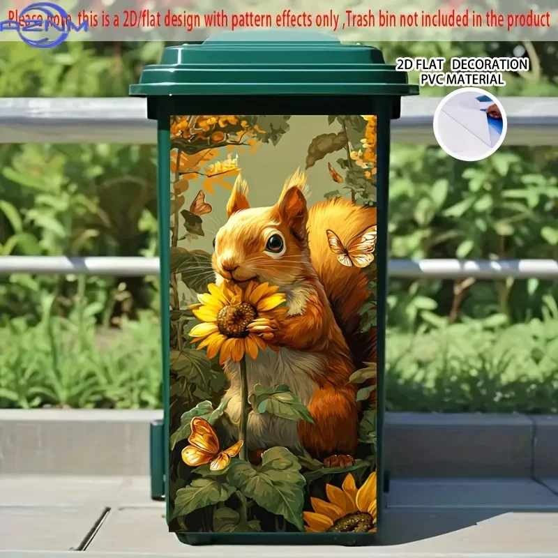 2D 1PCSquirrel & Sunflower Self-Adhesive Dustbin Sticker - Vibrant Nature Design, Durable PVC Trash Can Decal, .01x81.99 cm, W