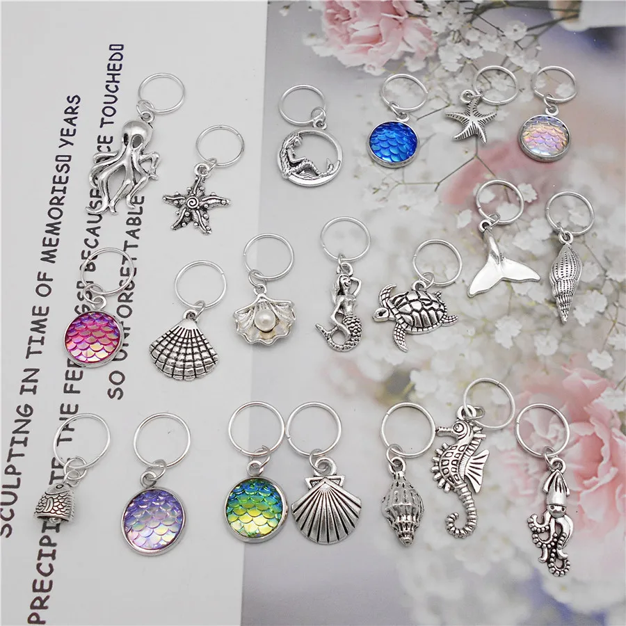 Julie Wang 20PCS Mix Alloy Marine Organism Charms With Jump Rings Pendant Dreadlocks Braid Jewelry Making Accessory Hair Decor