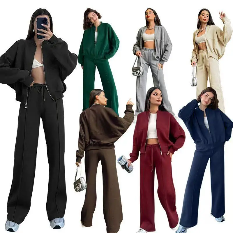 Women's Tracksuit with Zipper Sweatshirt Pants Two Piece Loose High Waist Lace-Up Elastic Waist Trousers Suits Casual Sportswear