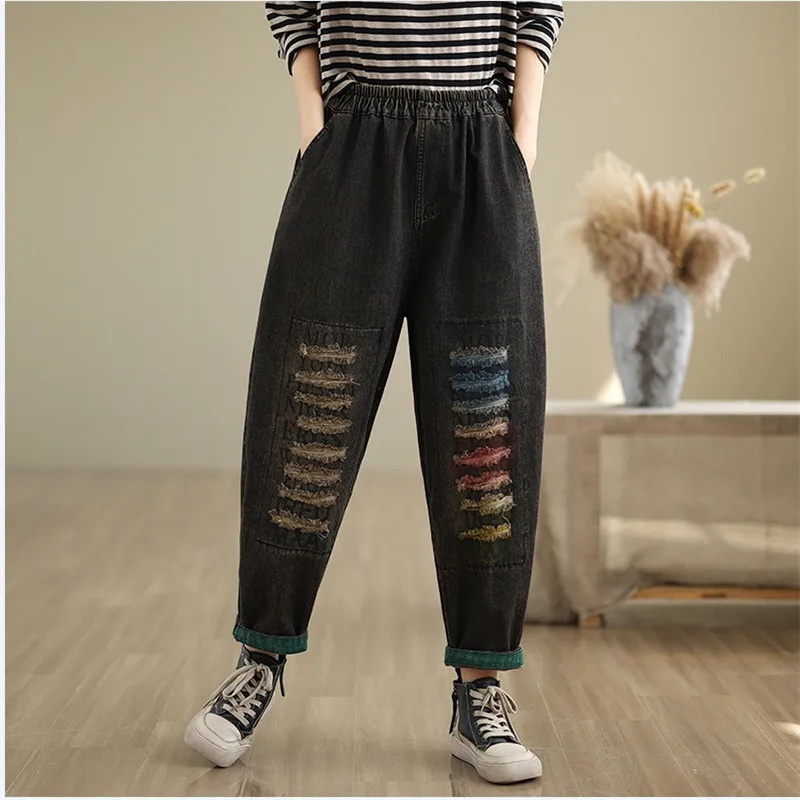 

2024 Womens Spring Fashion Holes Denim Pants Ladies Loose Vintage Casual Jeans Ladies Classic Patchwork Harem Trousers