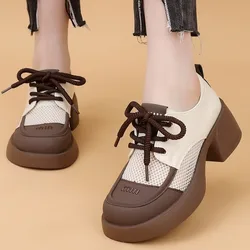 Women Chunky Platform Pumps Female Spring Pu Leather High Heels Loafers Woman Round Toe Lace Up Breathable Hollow Single Shoes